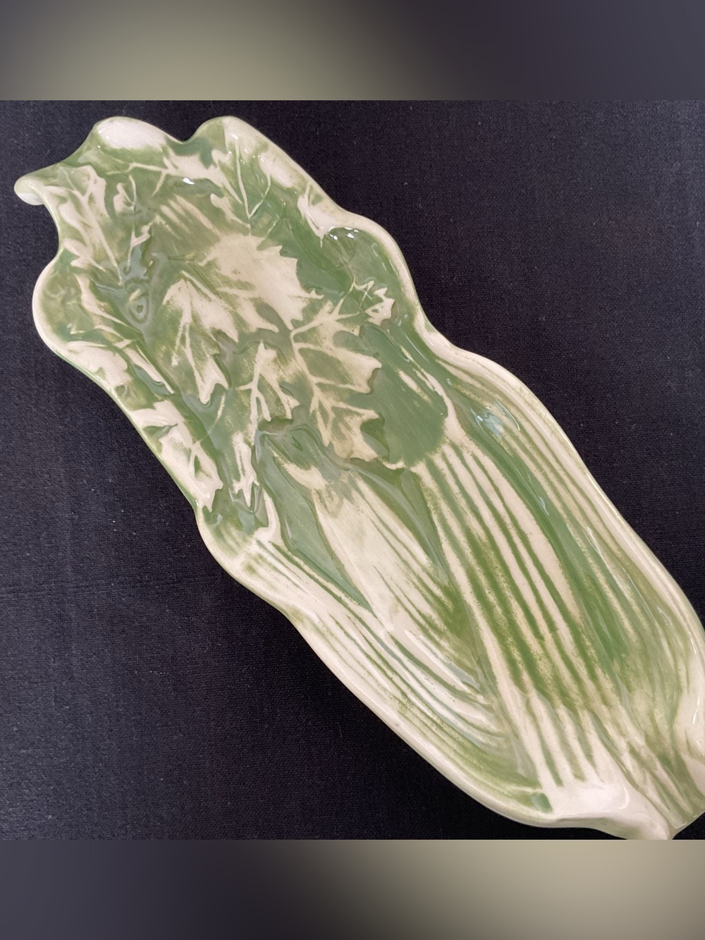 Celery Shaped Vegetable Ceramic Tray/Spoon Rest 10-1/4” Long, Farm House Decor
